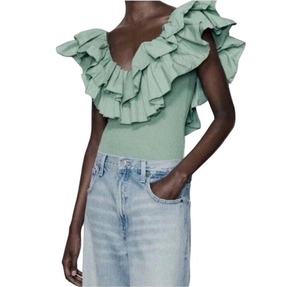 Zara Forest Fairy Bodysuit Size M Ruffle Coquette Feminine Dainty Festival Green - Picture 2 of 12